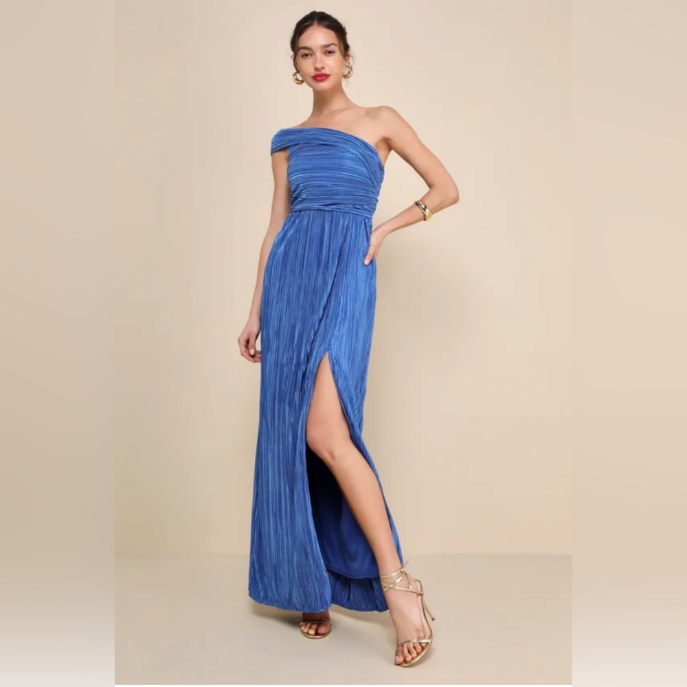 Poised performance blue plisse one shoulder maxi dress